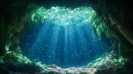 Underwater Cave Sunlight Illuminates Green Flora
