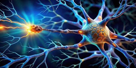 A motor neuron extends axon towards a muscle fiber, forming synapse, nerve cell, neuron