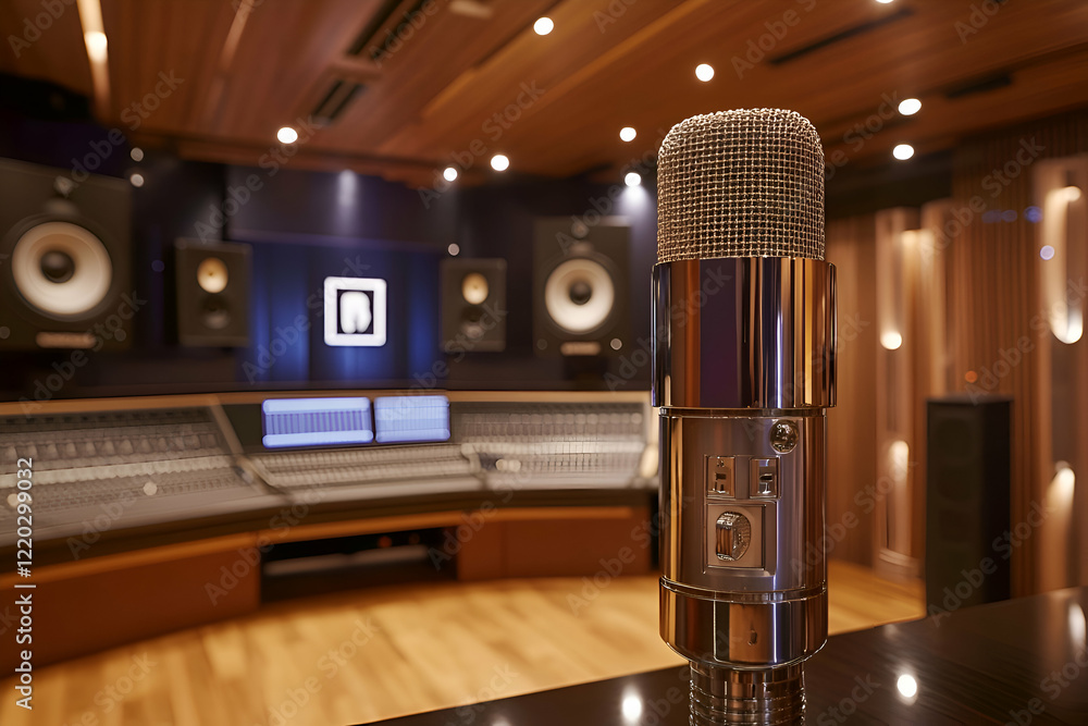 Poster modern recording studio with professional microphone and computer on a sleek desk.