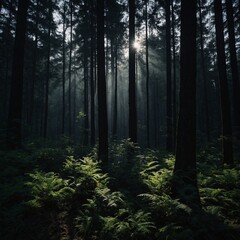 Write about the contrast between the brightness of the forest during the day and the deep shadows of the forest at night.