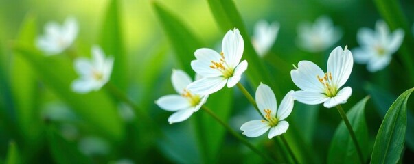 Delicate white flowers on a green leafy background, flowers, petal, background