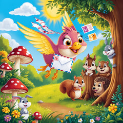 animals in the forest with birds carrying mail with mushrooms background