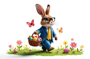 Fototapeta premium Adorable cartoon bunny with easter egg basket in grassy field, concept of easter celebration, cute characters, springtime joy