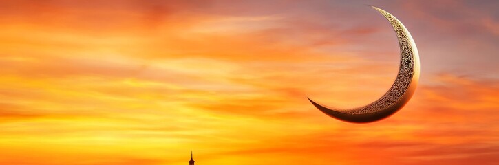 Obraz premium Crescent Moon and Golden Islamic Ornament with Orange Sky
