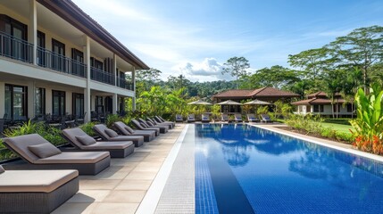Fototapeta premium Luxury resort pool with lounge chairs and tropical landscaping.
