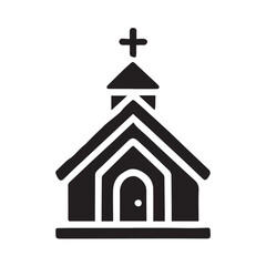 Simple black and white illustration of a church building.