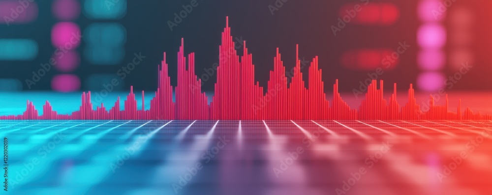 Poster a vibrant audio visualization displays sound waves in red and blue, showcasing dynamic peaks and val