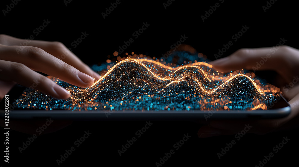 Poster close up of hands interacting with tablet displaying vibrant, glowing data waves, symbolizing techno