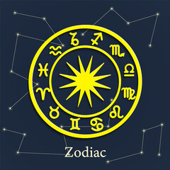 Zodiac astrology circle. Astrological constellation wheel, zodiac horoscope signs, mystical natal chart, wheel sky zodiac map vector illustration. Magic symbols, cosmic starry night sky