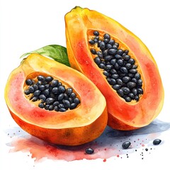 Vibrant watercolor illustration of halved papaya with seeds, showcasing tropical fruit's rich colors and textures