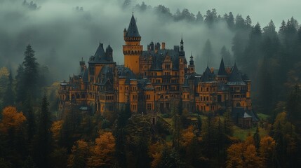 Obraz premium Enchanting castle nestled in a misty forest, autumn foliage.