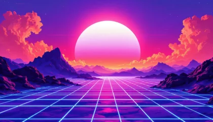Retro background futuristic landscape 1980s style. Vector perspective grid. 80s sci-fi or game style. Retro neon background