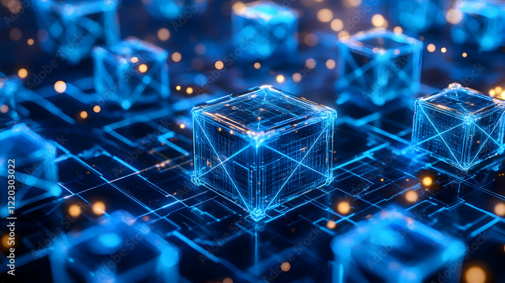 Poster digital blockchain network with glowing blue data cubes concept