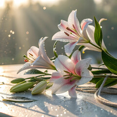 white and pink modern lily flowers with sunlight