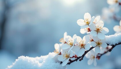Obraz premium Delicate white flowers on snow-covered branches, white flowers, crown