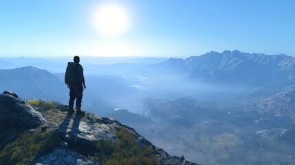 Hiker mountaintop sunrise valley view travel