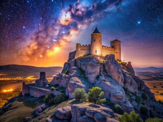 Fototapeta premium Starry nights above Zafra Castle, Guadalajara, Spain. Milky Way timelapse astrophotography.