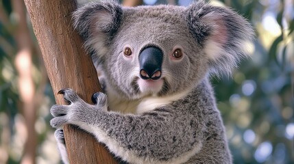 Naklejka premium A cuddly koala bear is perched on a eucalyptus tree branch, its soft grey fur contrasting with the green leaves.