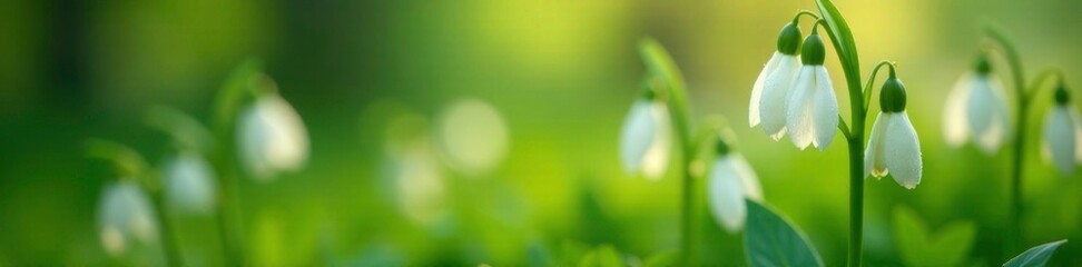 Fototapeta premium Delicate white flowers unfolding in morning dew, botanical, greenery