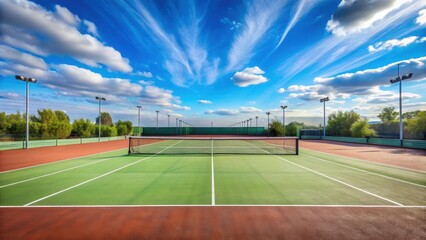 A long, empty tennis court with vacant stands and a net stretched across the center of the court is set against a backdrop of blue sky on a sunny day, net, field