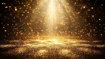 Radiant gold sparkle glowing abstract background. Luxurious glitter shines vibrantly. Shimmering light offers a dazzling texture. Perfect for elegant and festive designs, enhancing visual brilliance.