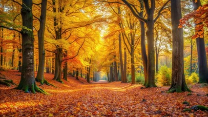 Fototapeta premium Serene forest landscape with vibrant golden leaves and colorful foliage above in autumnal hues, surrounded by towering trees and a carpet of fallen leaves , nature scenery, golden leaves