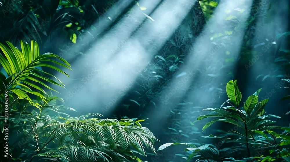 Poster sunlight filters through dense foliage in a tropical rainforest creating a serene atmosphere