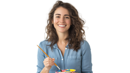 Smiling Woman Artist Painting with Brush and Palette isolated on transparent background