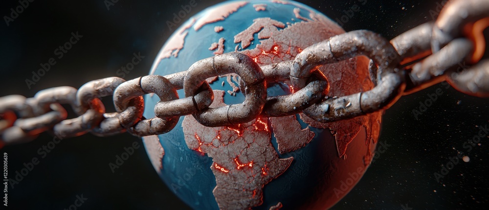 Poster a 3d depiction of earth linked by chains, symbolizing constraints and connections within the global 