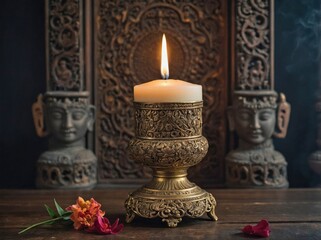 A beautifully ornate candle with intricate carvings burning steadily on an altar table.