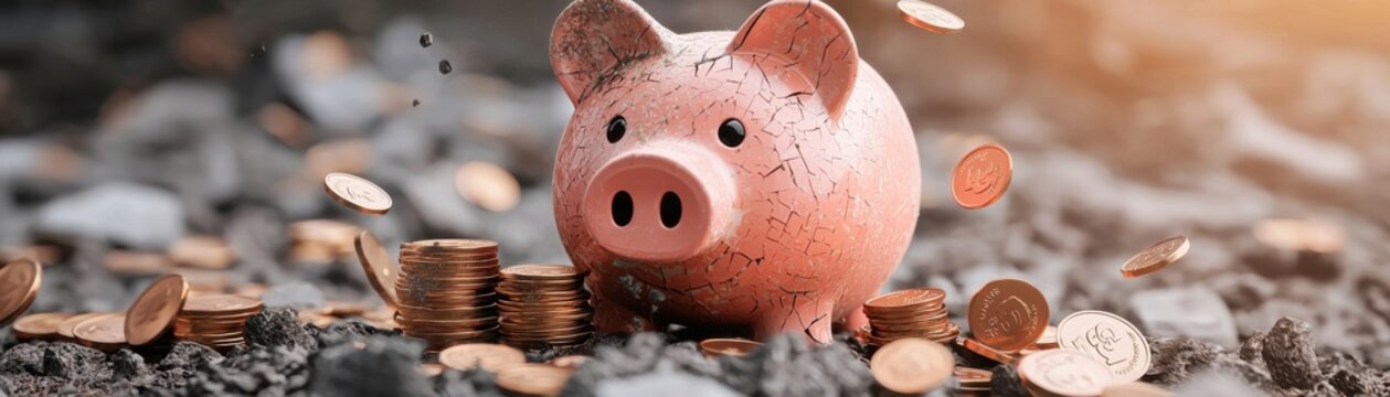 A piggy bank surrounded by scattered coins, symbolizing saving and financial growth in a casual and inviting setting.