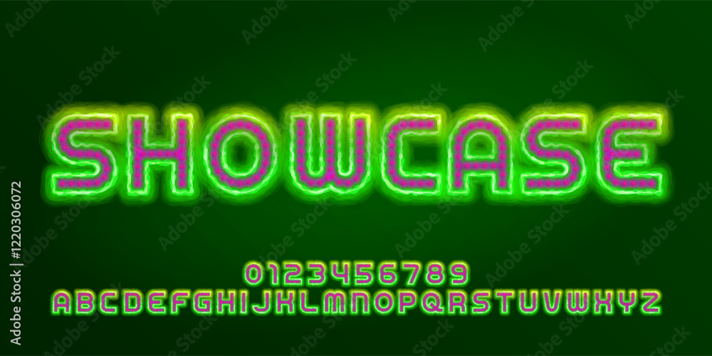 Poster Showcase alphabet font. Bright glowing letters and numbers. Stock vector typescript for your design.