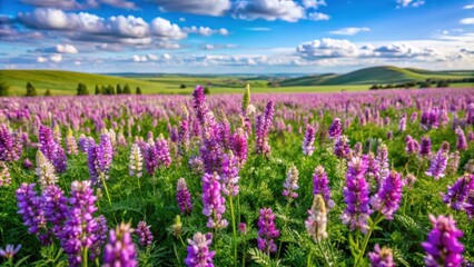 Fototapeta premium Field of Mongolian milkvetch with purple flowers and green leaves in a vast meadow, grassland ecosystem, botanical garden
