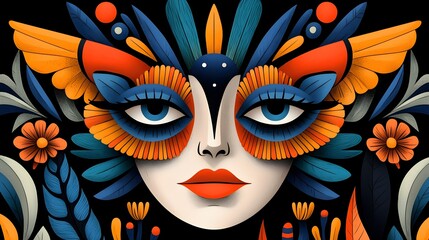 Colorful Abstract Face with Feathered Mask,Vibrant Artistic Portrait with Exotic Mask,Fantasy Art: Woman with Ornate Mask and Floral Elements