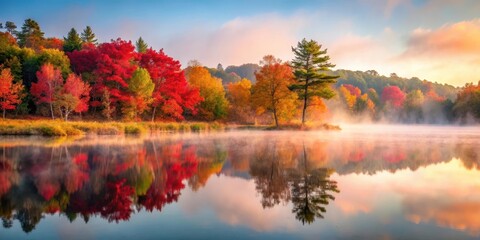 Soft pink morning mist rises over a serene lake surrounded by vibrant red autumn leaves and dense forest foliage , mist, nature