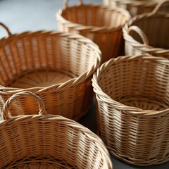 Close-up of several light brown wicker baskets with handles.  The baskets are arranged together, showcasing their texture and craftsmanship.
