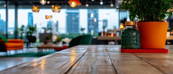 Obraz premium Modern Office Interior Wooden Table Plant Bottle City View