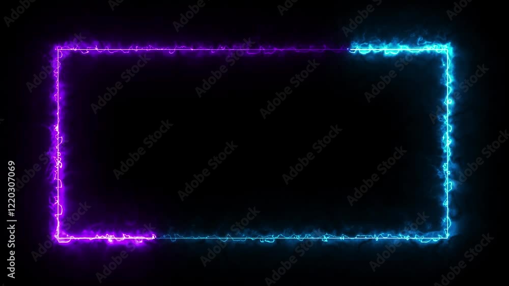 Poster glowing neon cyan and purple rectangle border frame effect: motion graphic animation with copy space