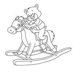 Cute cartoon hand drawn vector teddy bear riding on rocking horse coloring page.