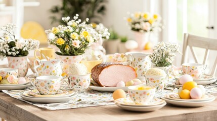 A beautifully set Easter table featuring ham, bread, and eggs as the main dishes, surrounded by spring-inspired decor.