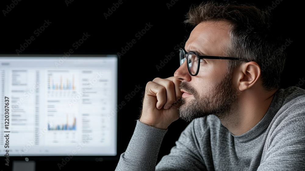Aufkleber thoughtful man in glasses analyzes data on computer screen, reflecting on insights. atmosphere is fo
