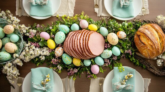 A cheerful Easter feast setup with ham, freshly baked bread, and vibrant eggs arranged on a table with natural spring decor.