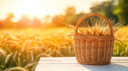 A clean Shavuot holiday design with a wicker basket on a white table and a vibrant wheat field in soft focus behind it.