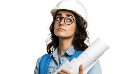 Female Architect, Hard Hat, Blueprints, Construction, Design, Engineering, Building, Woman, professional isolated on transparent background
