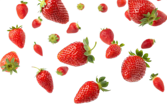 Falling red strawberries flying isolated on PNG cut out background. 
