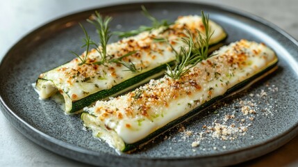 A modern food presentation of baked zucchini with cheese and herbs, served on a gray plate with subtle rustic textures in the background.
