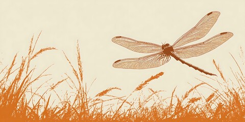 Dragonfly flying over tall grass in a field, nature background