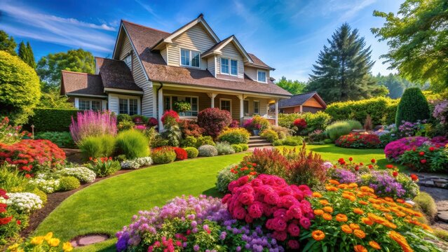 A beautiful house with vibrant flowers in full bloom surrounding the perimeter of the property, showcasing a lush and colorful garden, flowers, house