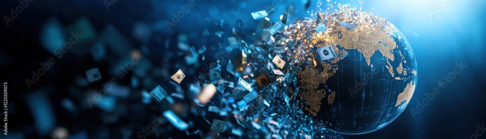 Aufkleber a dynamic image of earth surrounded by a burst of digital particles, symbolizing technology and glob