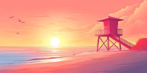 Lifeguard tower on beach at sunset, peaceful scene